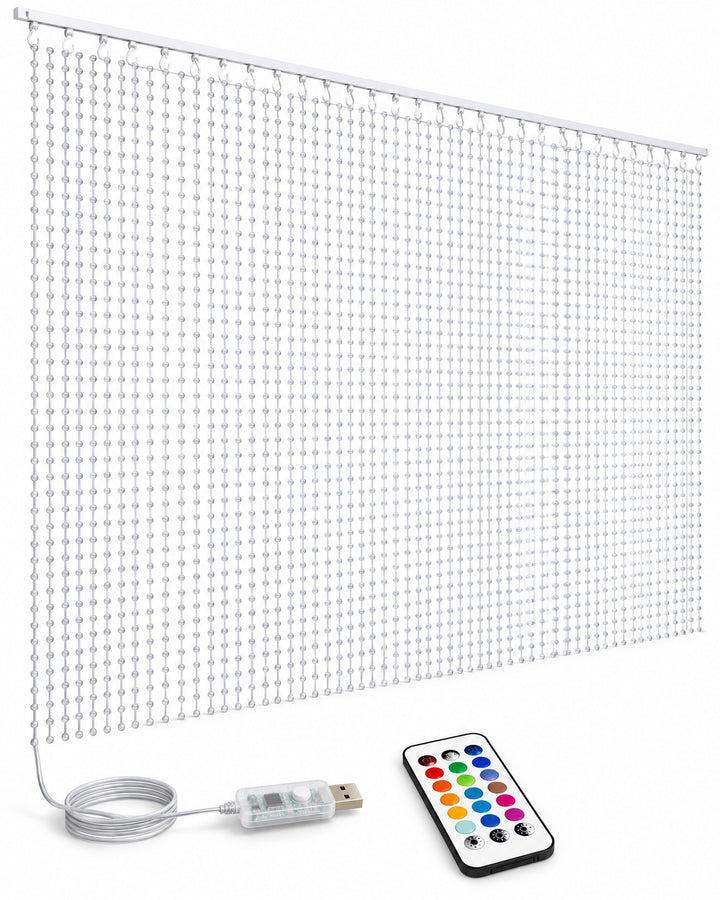 LED pixel curtain light with vertical strands on a top bar, USB controller and remote control, on a white background