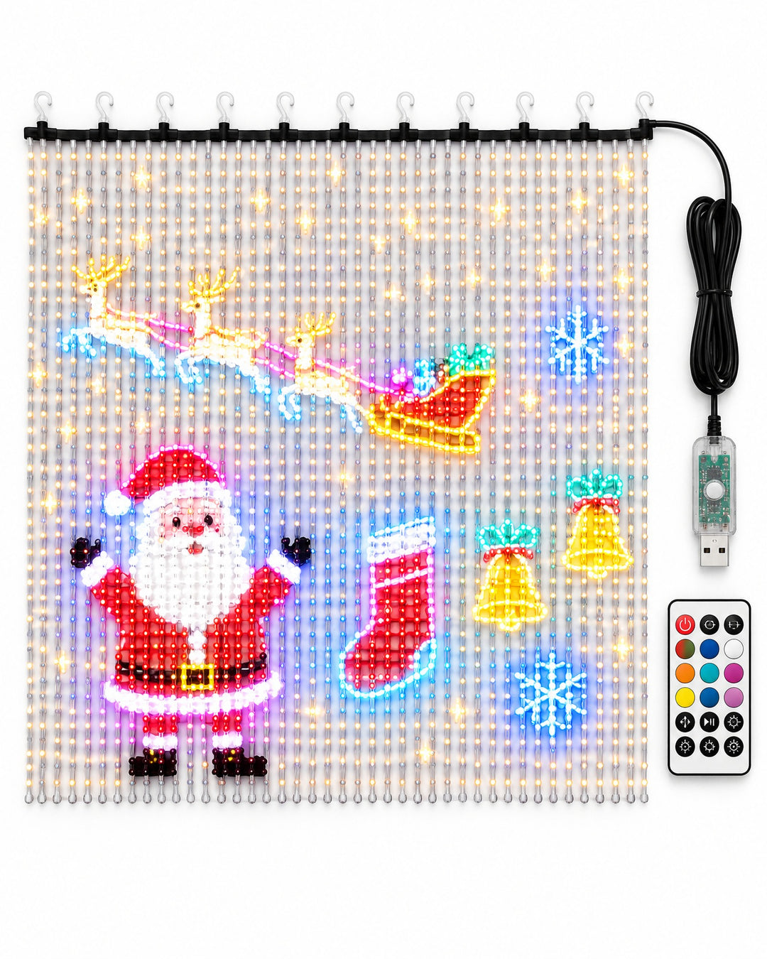 LED pixel curtain light laid flat showing Santa, his sleigh, a stocking and bells in coloured pixels, with the remote