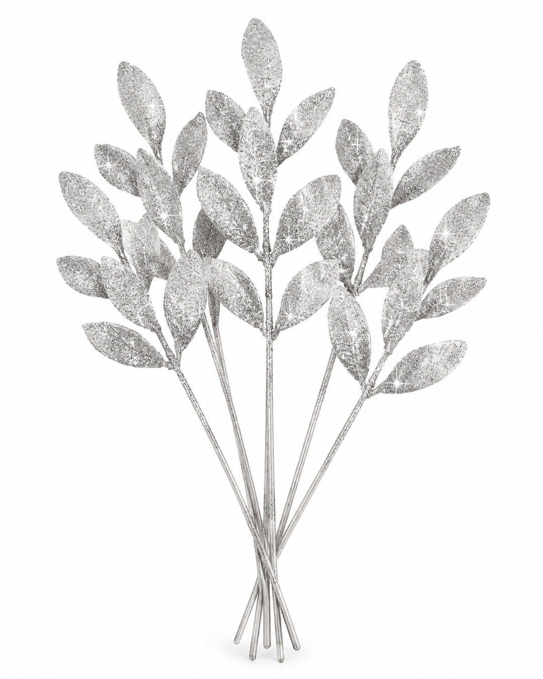 Bunch of silver glitter leaf picks on a white background