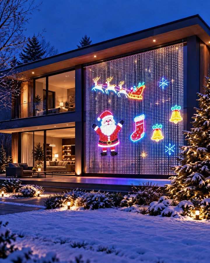LED pixel curtain light showing Santa and his sleigh on the glass wall of a modern house on a snowy evening