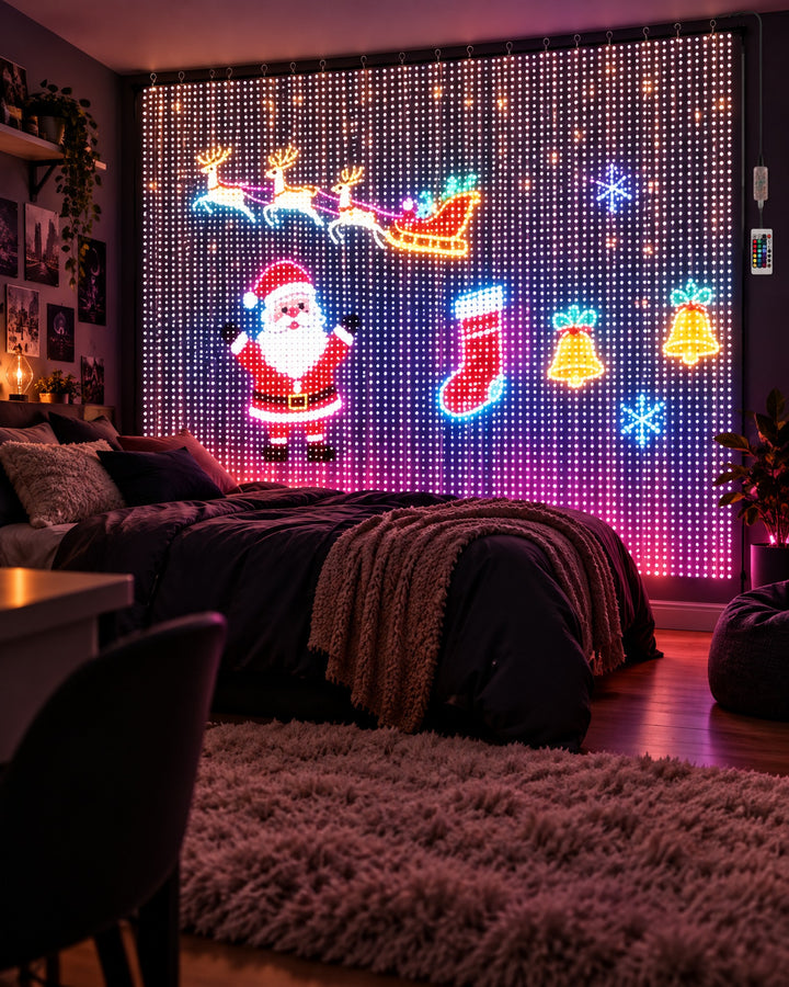 LED pixel curtain light with Santa, a stocking and bells glowing behind a bed in a dark bedroom