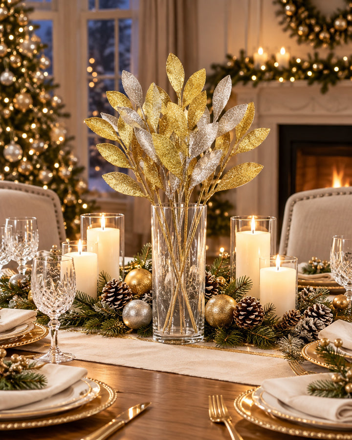 Gold and silver glitter leaf picks in a glass vase as a Christmas table centerpiece