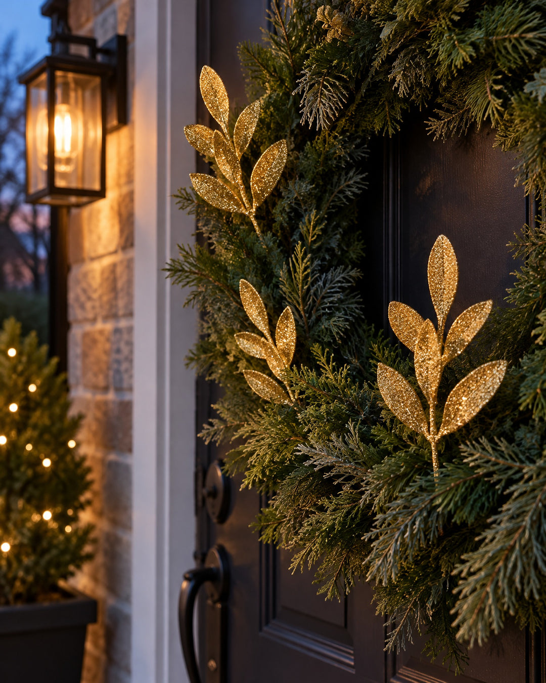 Gold glitter leaf picks tucked into a green wreath on a front door at dusk