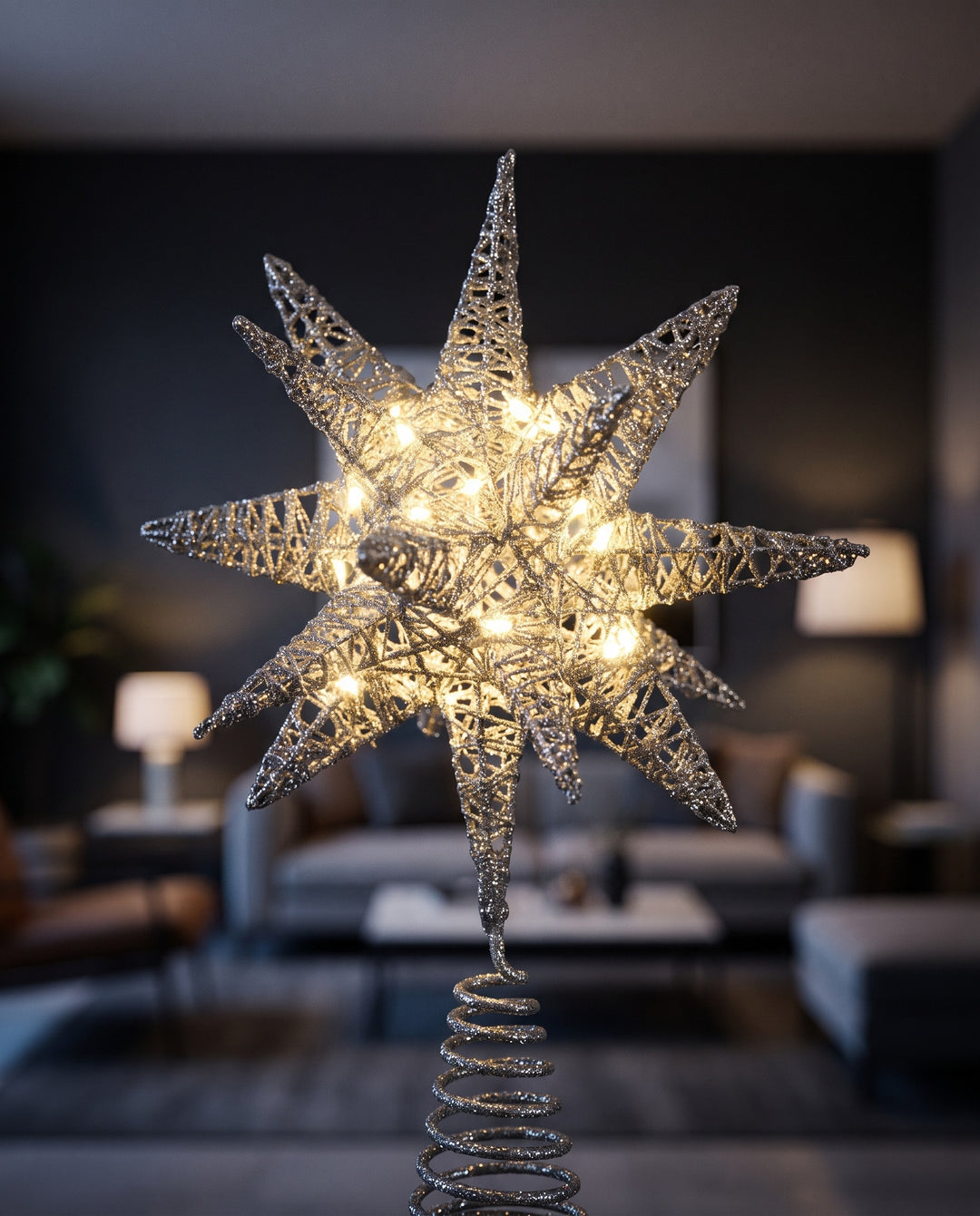 Close-up of the silver glitter 3D star topper and its tiny warm lights