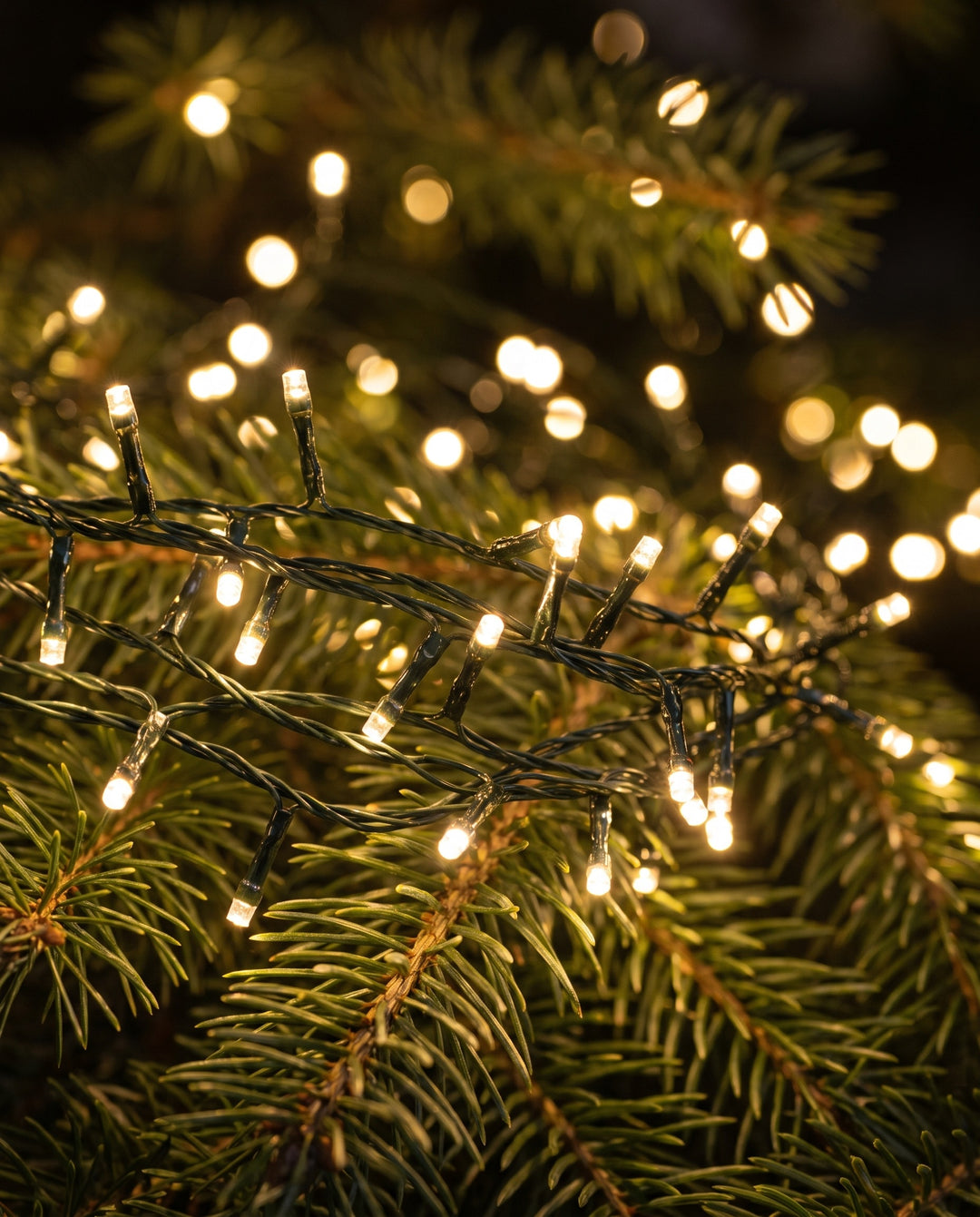 Close-up of dense warm white cluster lights on pine branches