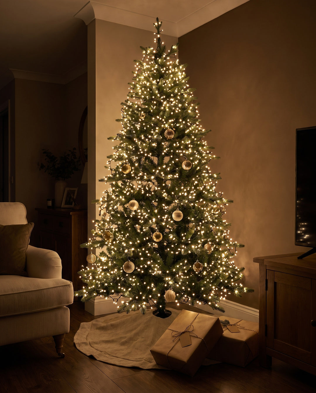 Whole Christmas tree wrapped in warm white cluster fairy lights
