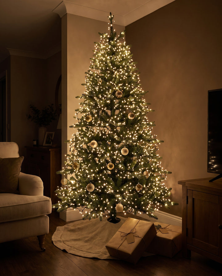 Whole Christmas tree wrapped in warm white cluster fairy lights