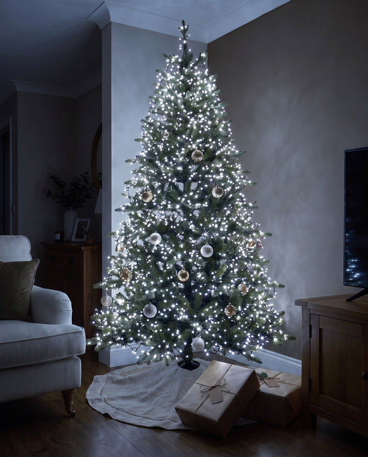 Whole Christmas tree wrapped in cool white cluster fairy lights