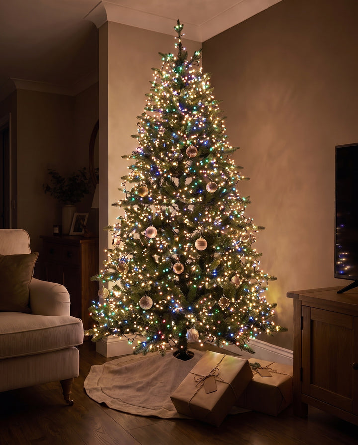 Whole Christmas tree wrapped in multicolor cluster fairy lights