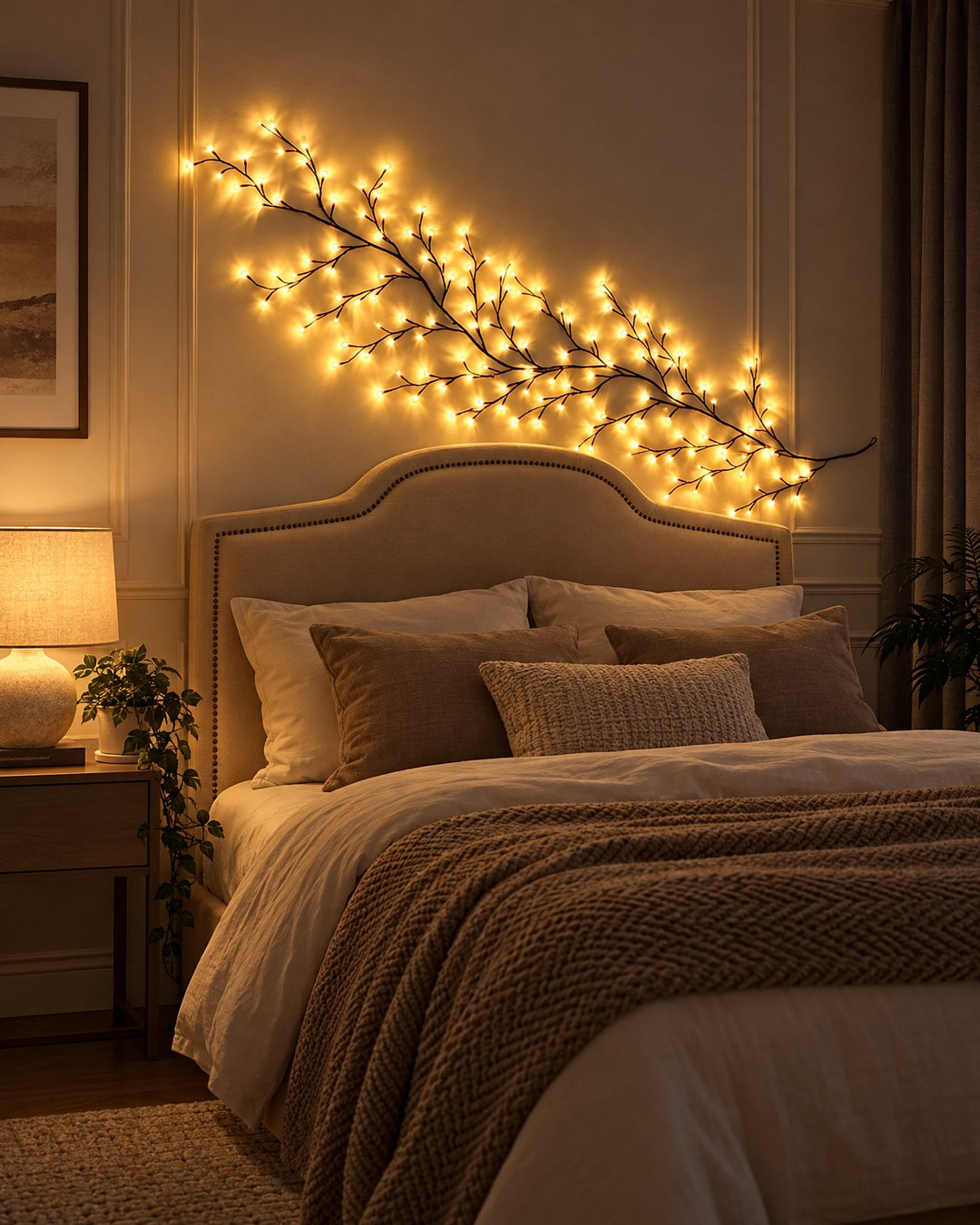 Willow vine light glowing warm white on the wall above a bed headboard at night