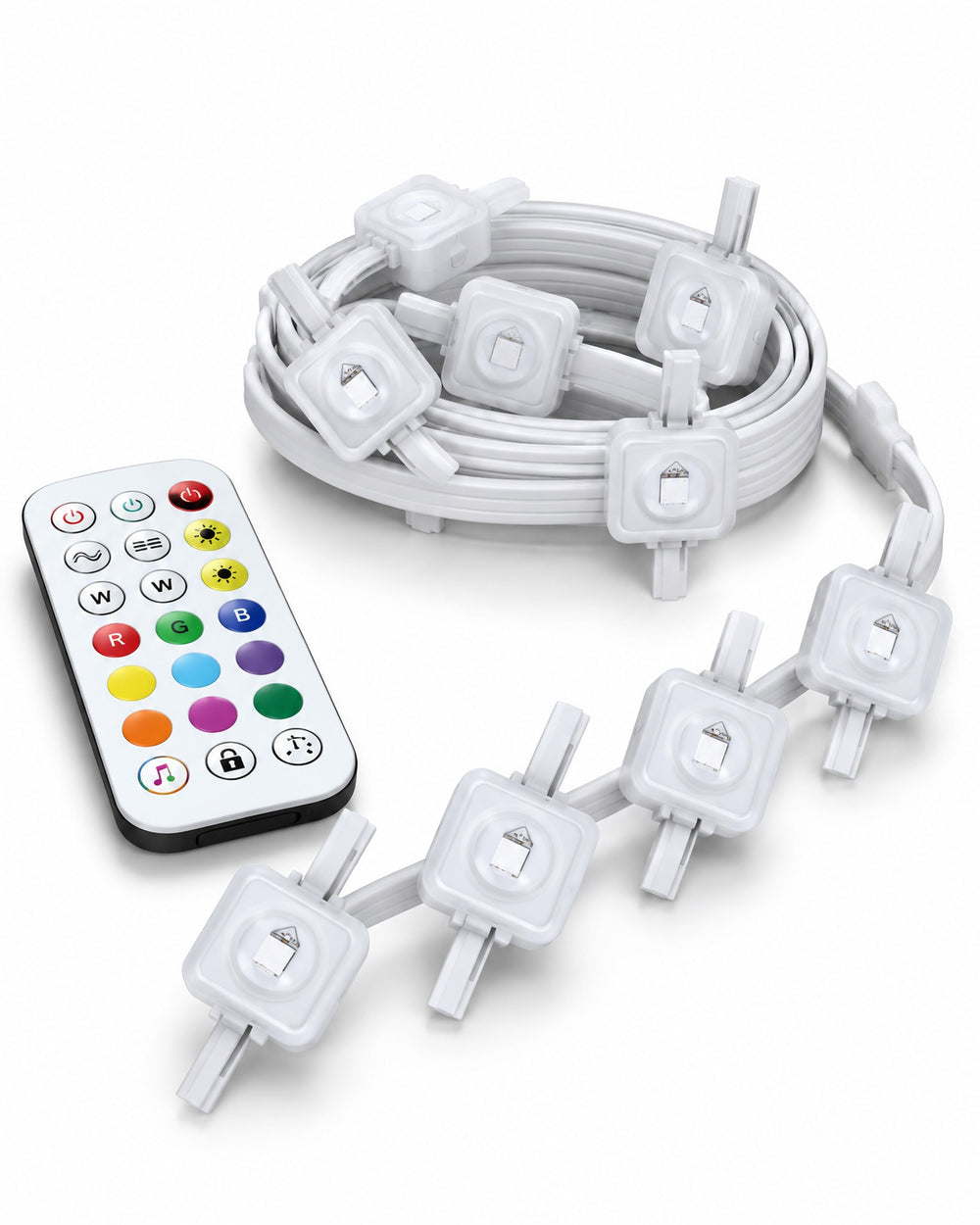 Eavesglow RGB eave light string with small square spots and its remote control, on a white background