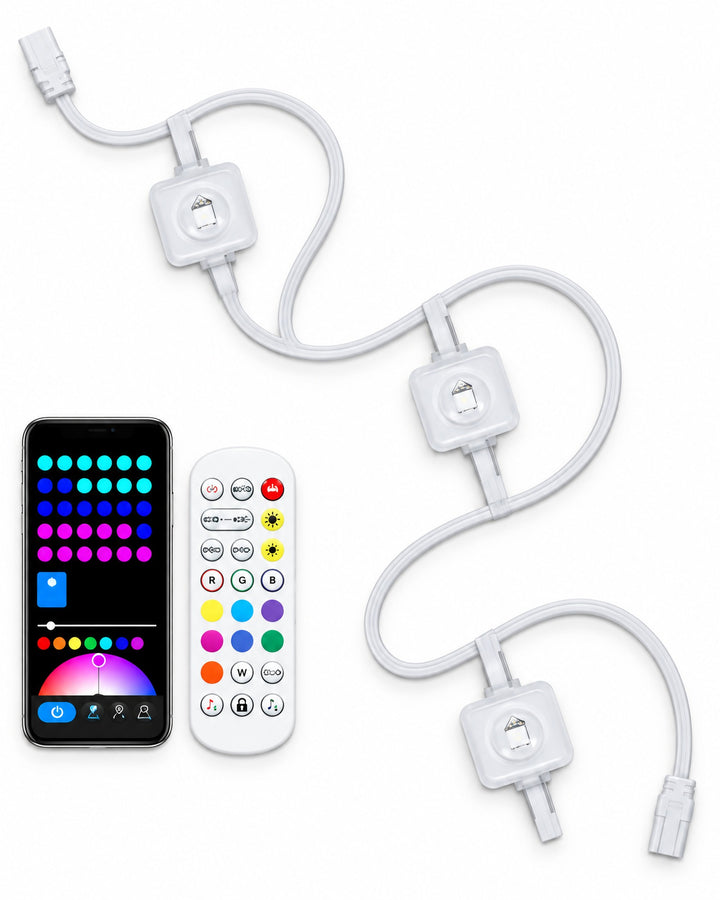 Square spot eave light string laid in a wave with the remote and the app on a phone, seen from above