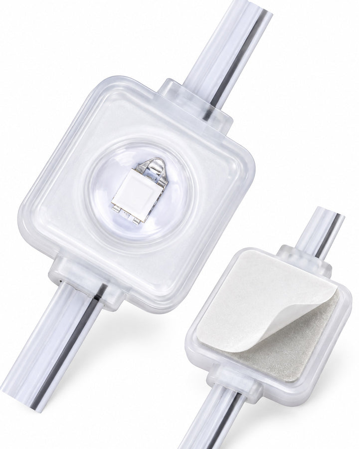 Close-up of one square eave light spot with its cable and adhesive backing