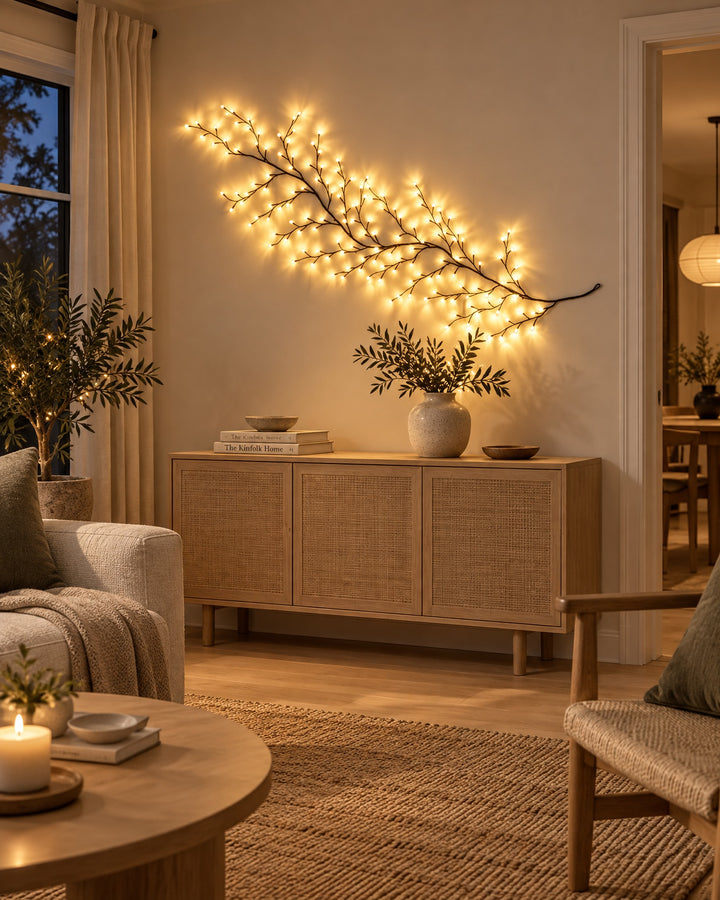 Willow vine light glowing on a living room wall above a light oak sideboard