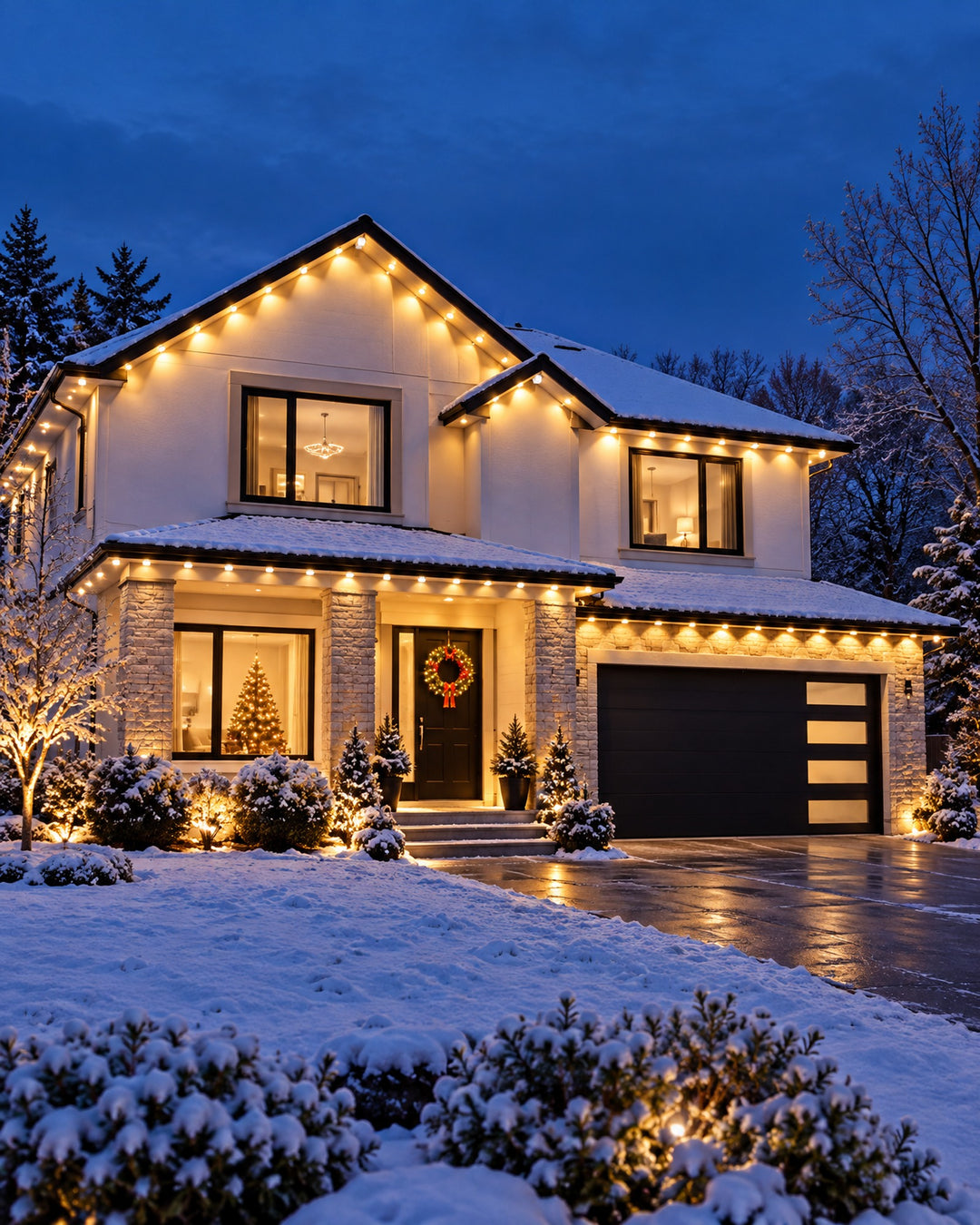 Modern white house under light snow with warm white square eave lights along the whole roofline