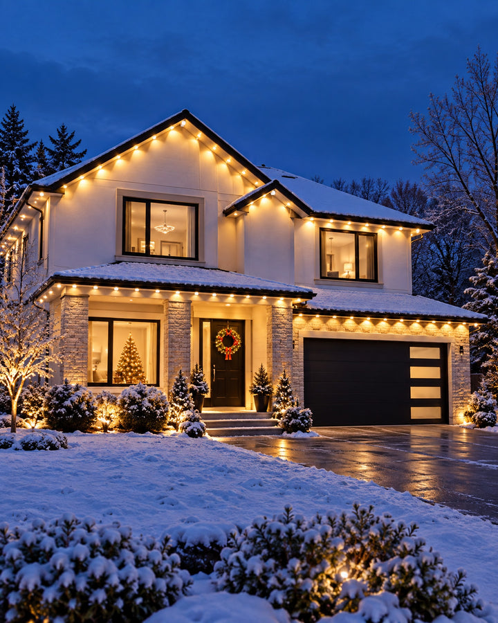 Modern white house under light snow with warm white square eave lights along the whole roofline