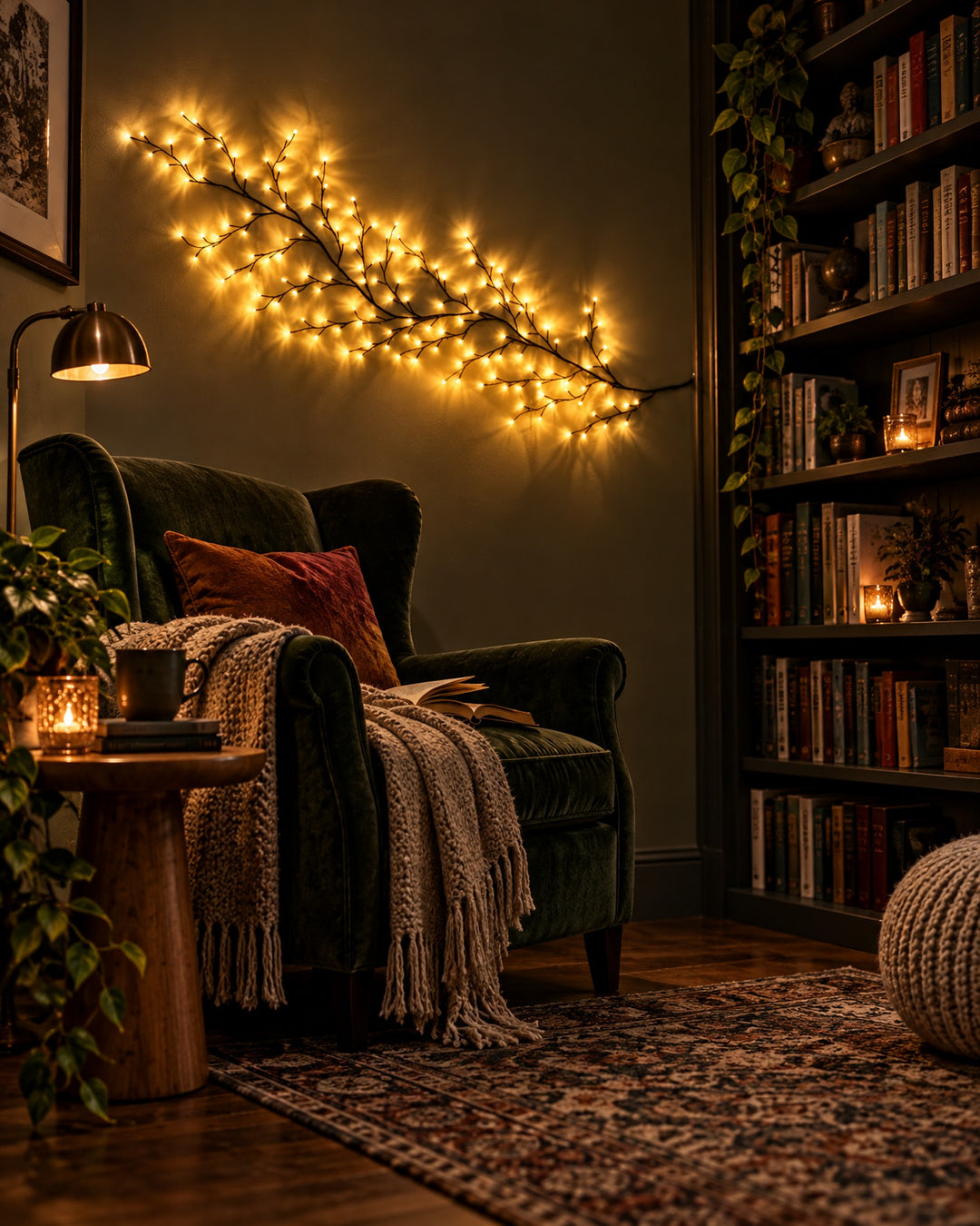 Willow vine light glowing on the wall of a moody reading nook with an armchair and a bookshelf