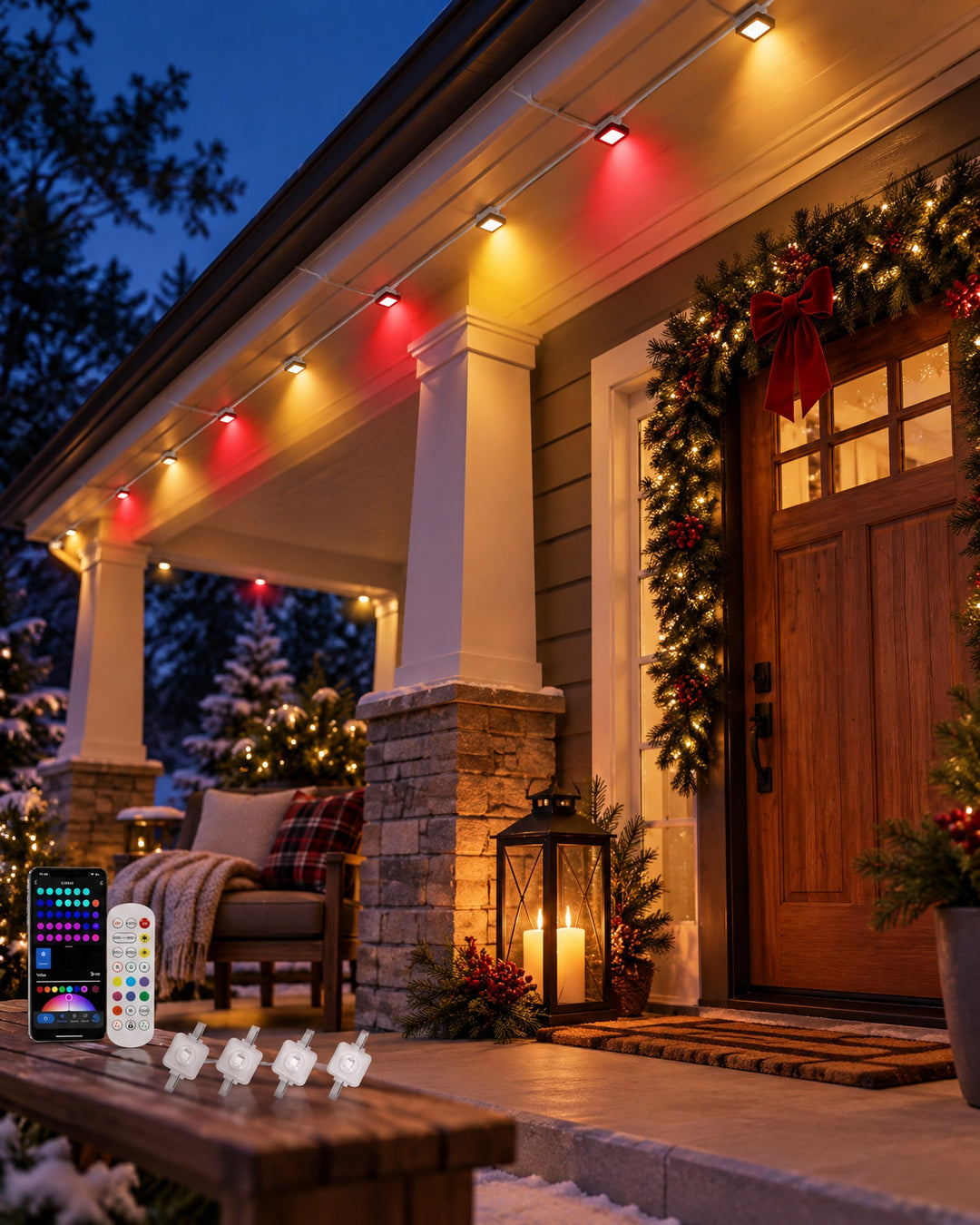 Covered porch with a wooden front door lit by red and gold square eave lights and a pine garland