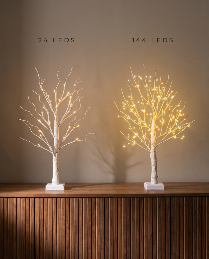 24 LED and 144 LED birch tree lamps side by side