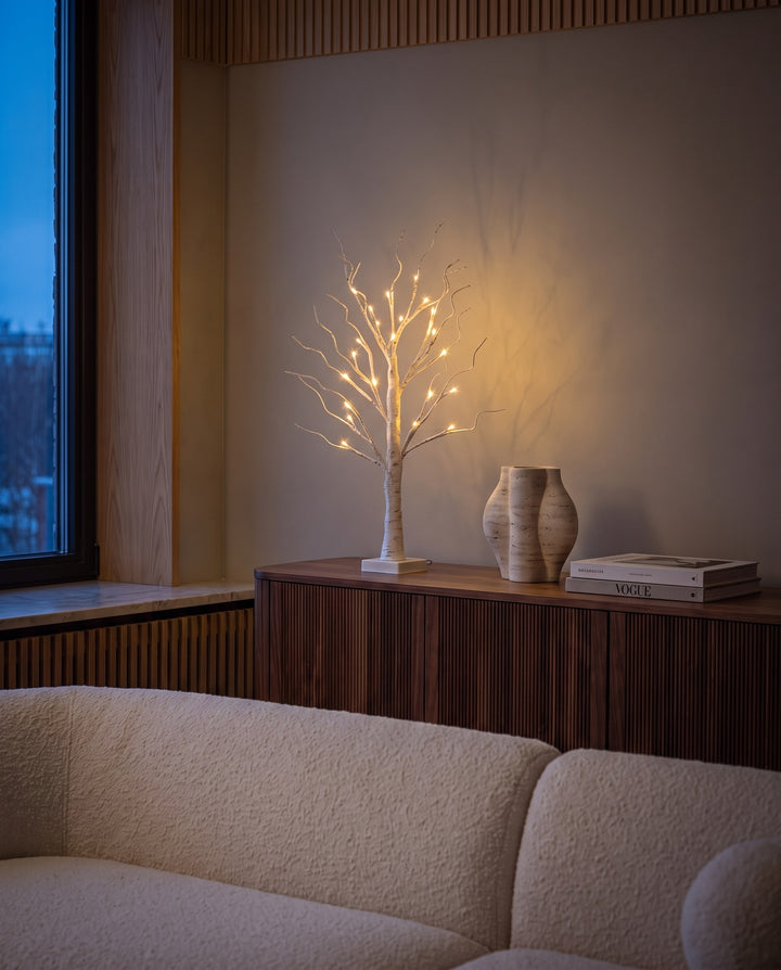 24 LED birch tree lamp on a fluted walnut sideboard in a modern living room