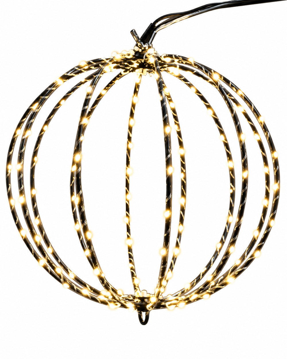 LED globe light with black rings wrapped in warm white LEDs on a white background