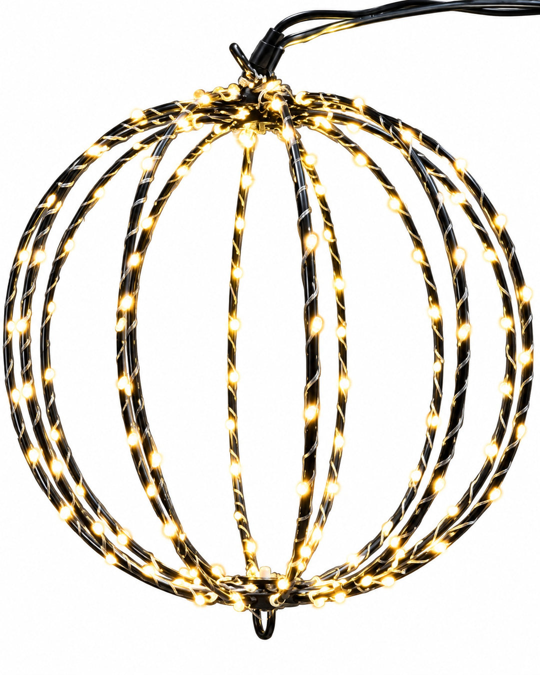 Close-up of the black rings wrapped in tiny warm white LEDs