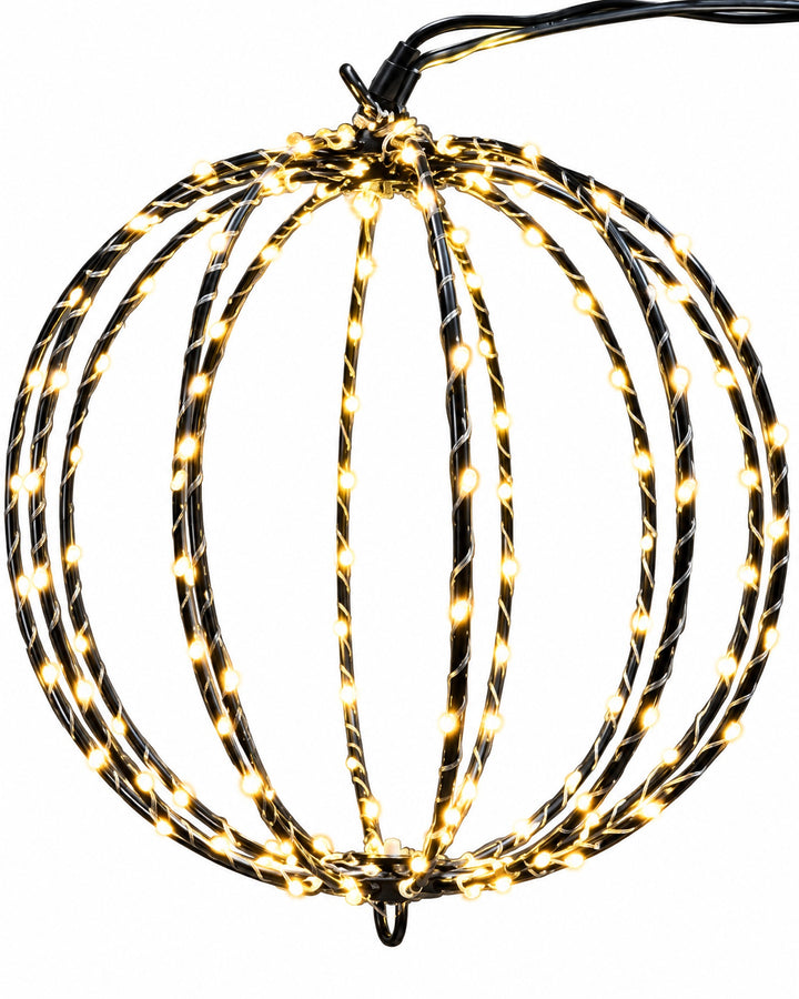 Close-up of the black rings wrapped in tiny warm white LEDs