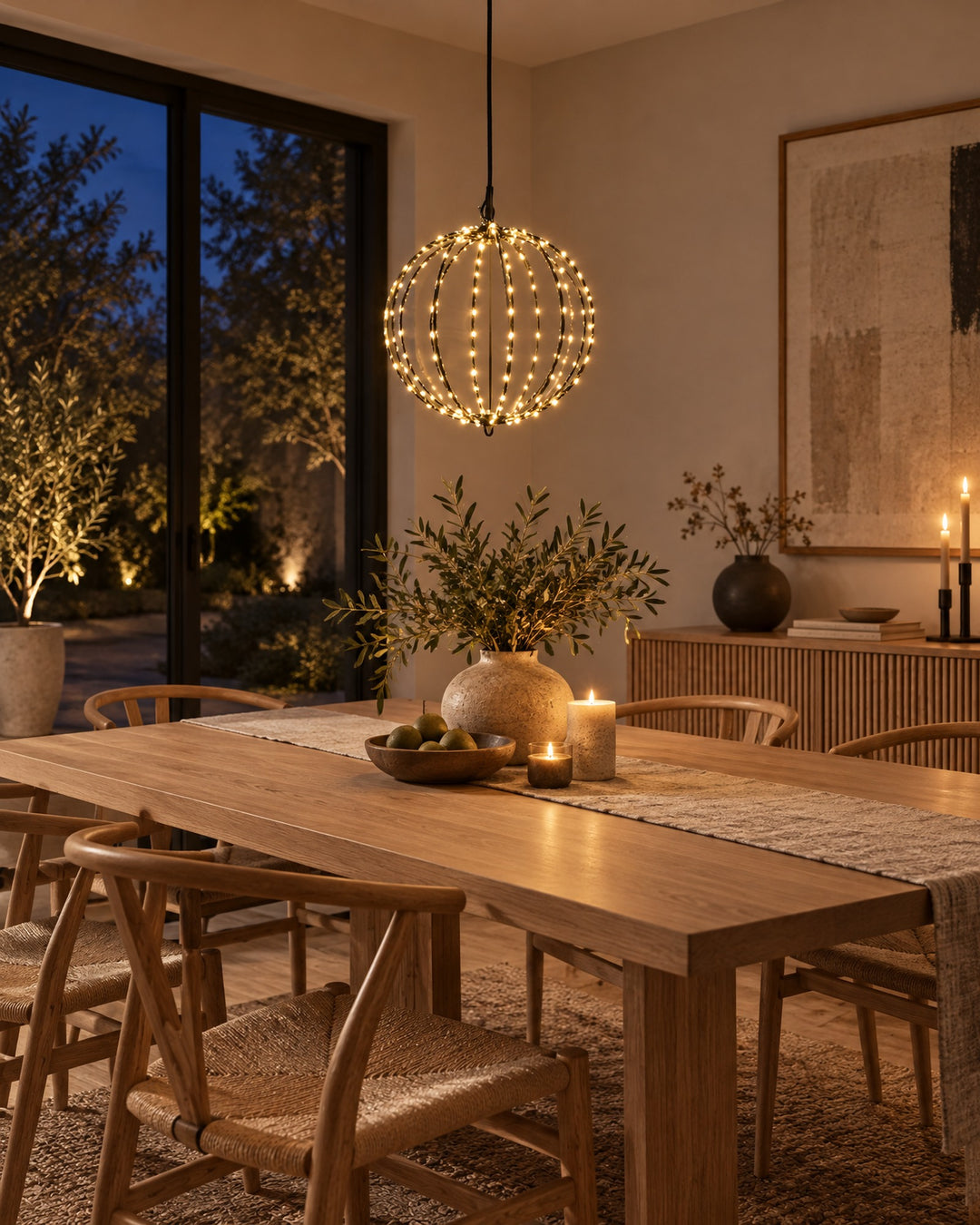 LED globe light hanging above an oak dining table