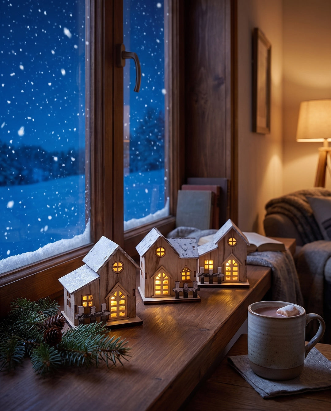 Wooden LED houses on a windowsill with snow falling outside