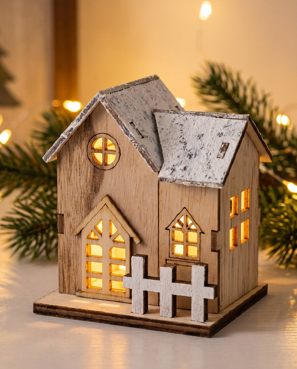 Close-up of a wooden LED house with a snowy roof and glowing windows