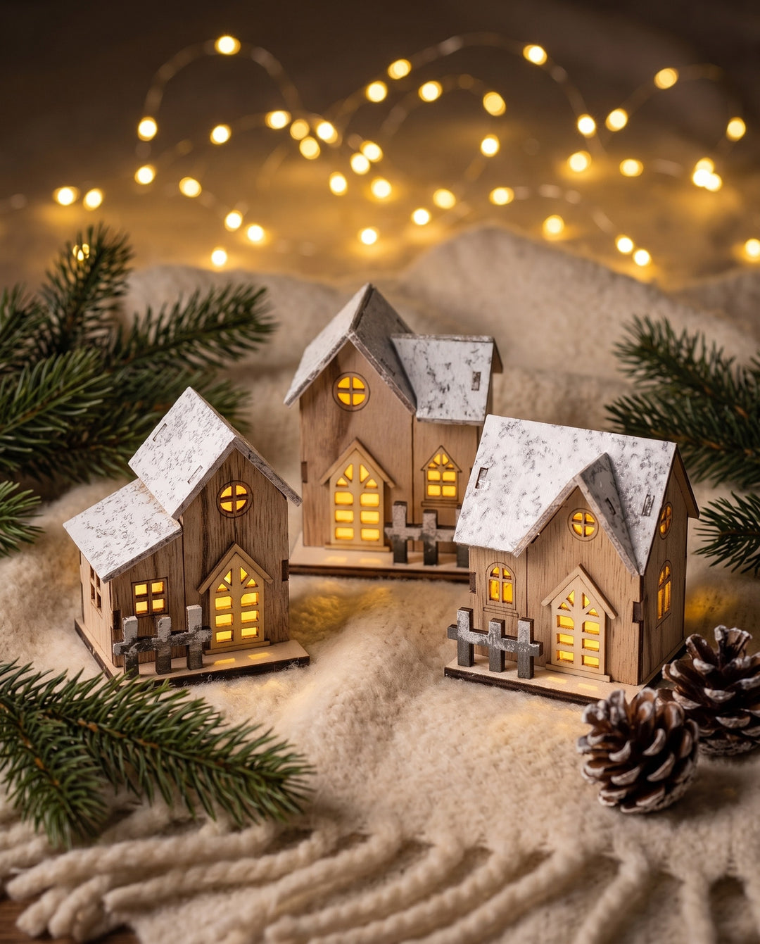 Set of three wooden LED Christmas houses glowing on a cream wool throw