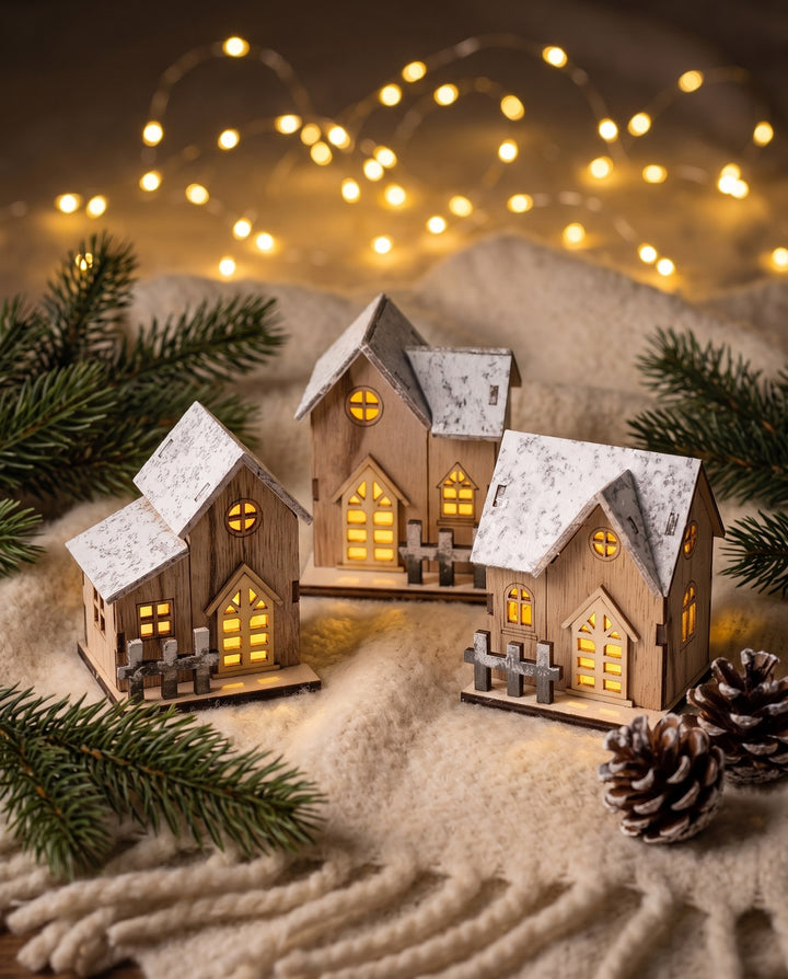 Set of three wooden LED Christmas houses glowing on a cream wool throw