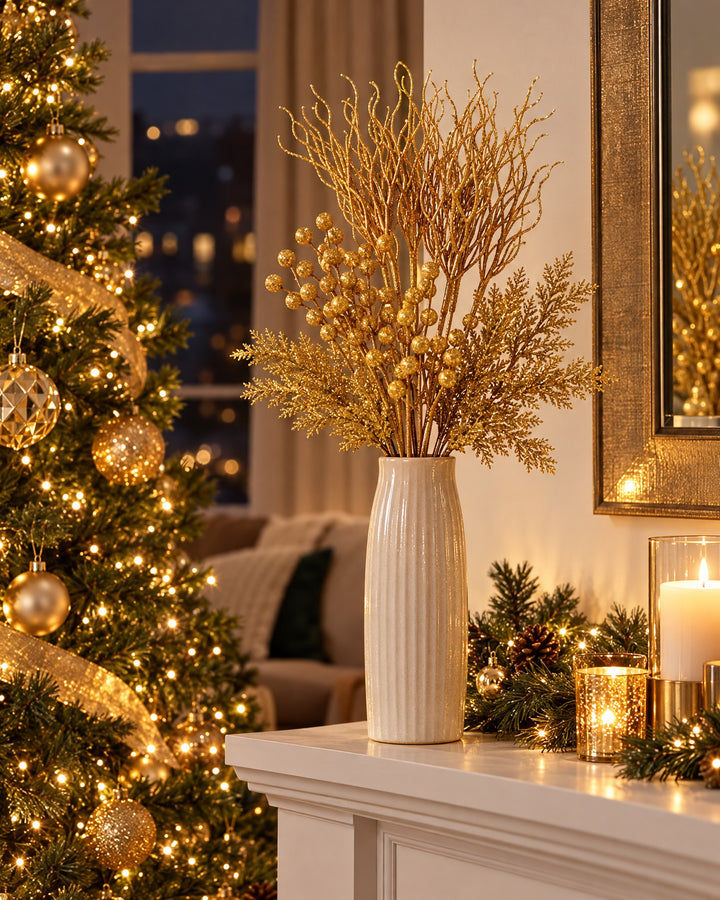 Gold glitter pine, twig and berry stems in a ceramic vase on a mantelpiece beside a lit Christmas tree