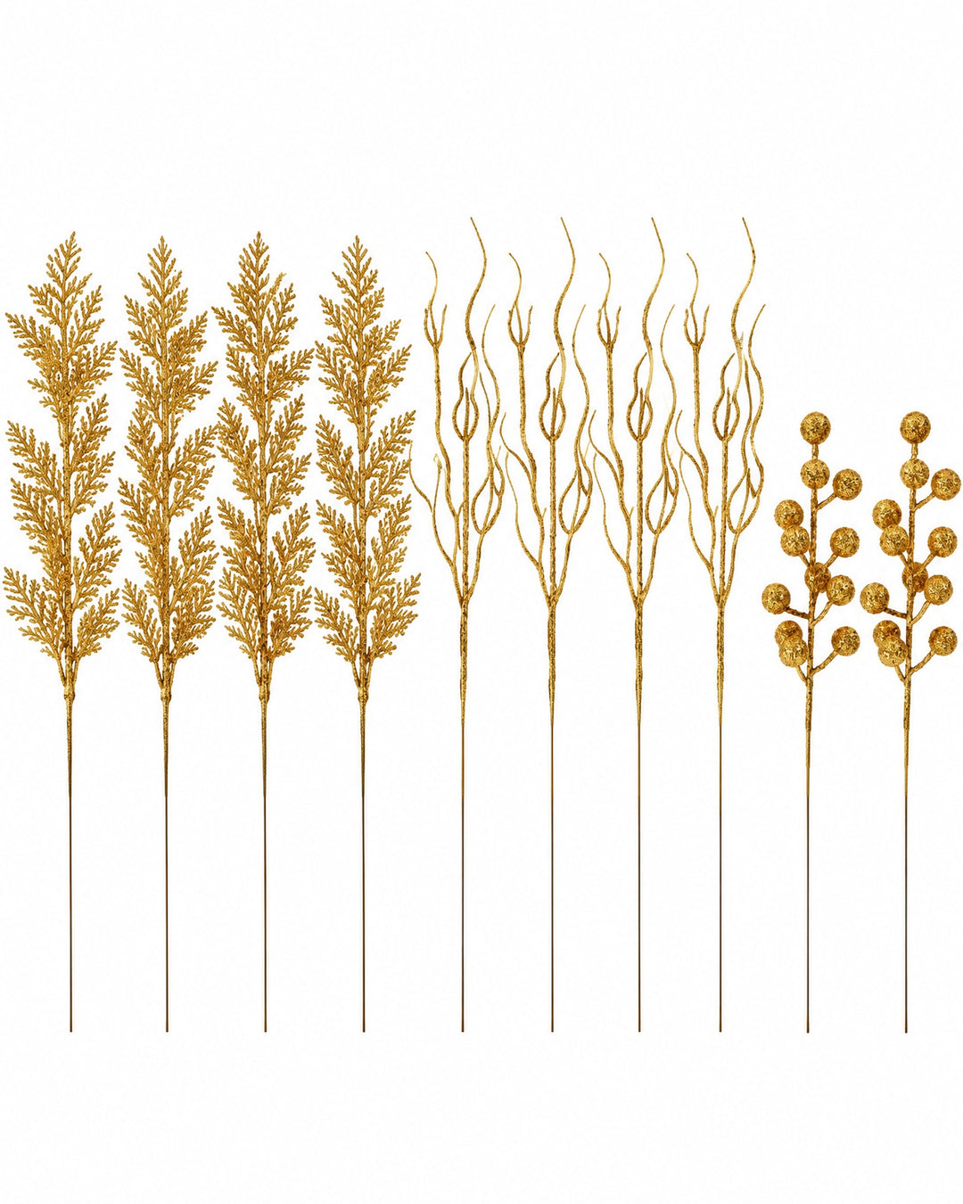 Gold glitter pine, twig and berry stems fanned out on a white background