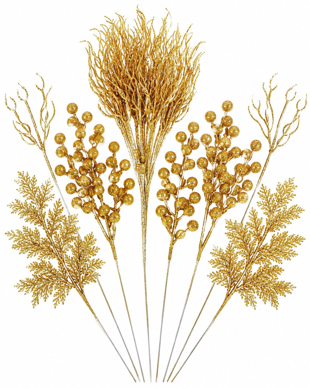 Gold glitter pine, twig and berry stems fanned out on a white background