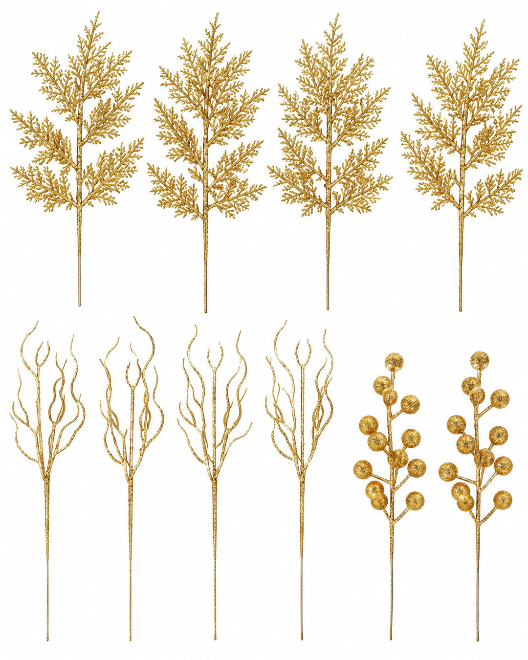 Gold glitter pine, twig and berry stems laid flat, seen from above