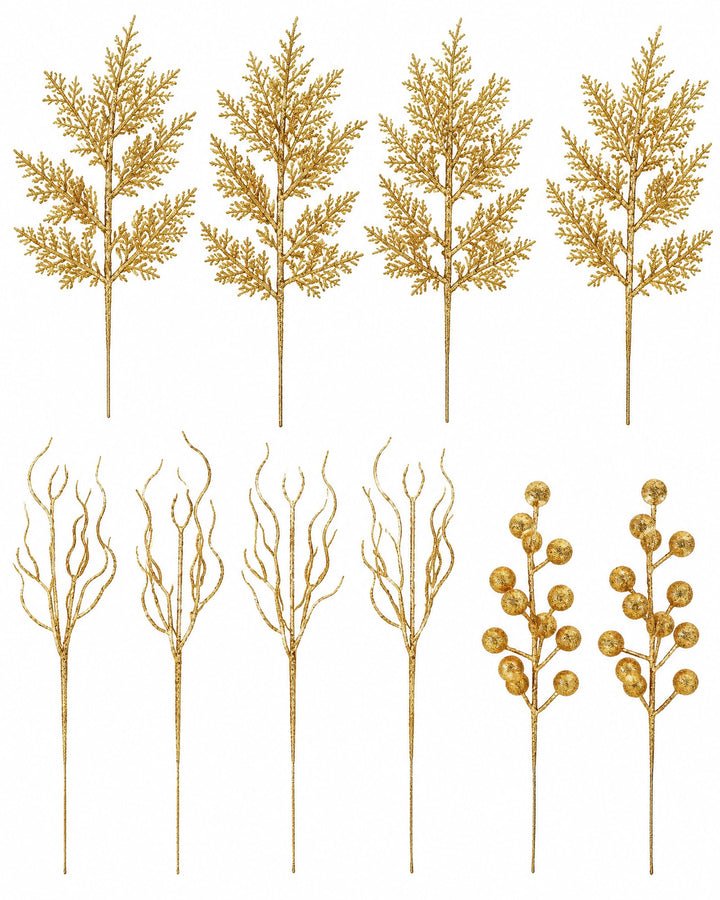 Gold glitter pine, twig and berry stems laid flat, seen from above
