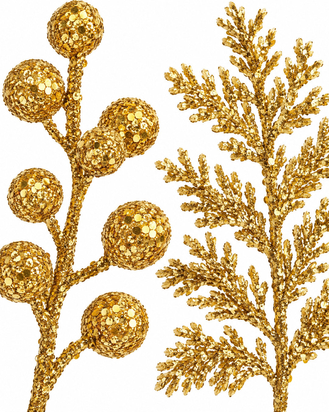 Close-up of gold glitter berries and a pine sprig