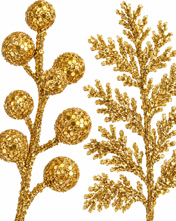 Close-up of gold glitter berries and a pine sprig