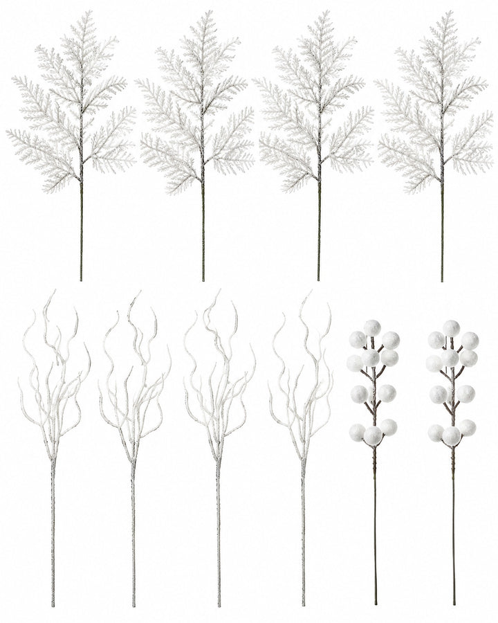 White glitter pine, twig and berry stems laid flat, seen from above