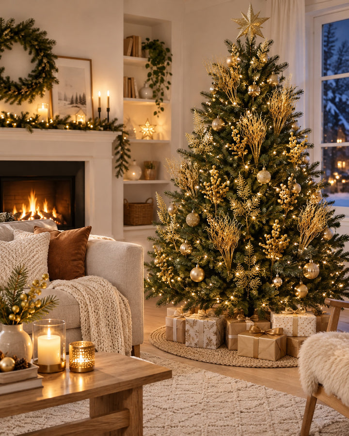 Christmas tree decorated with gold glitter stems in a bright living room