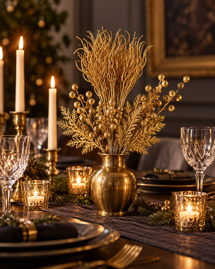 Gold glitter stems in a brass vase as a centerpiece on a dark dining table with candles