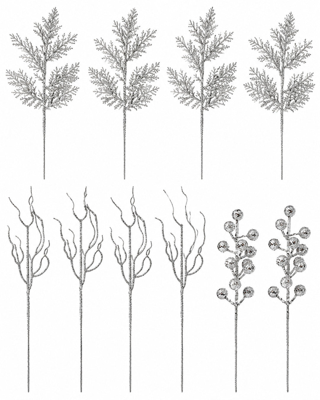 Silver glitter pine, twig and berry stems laid flat, seen from above