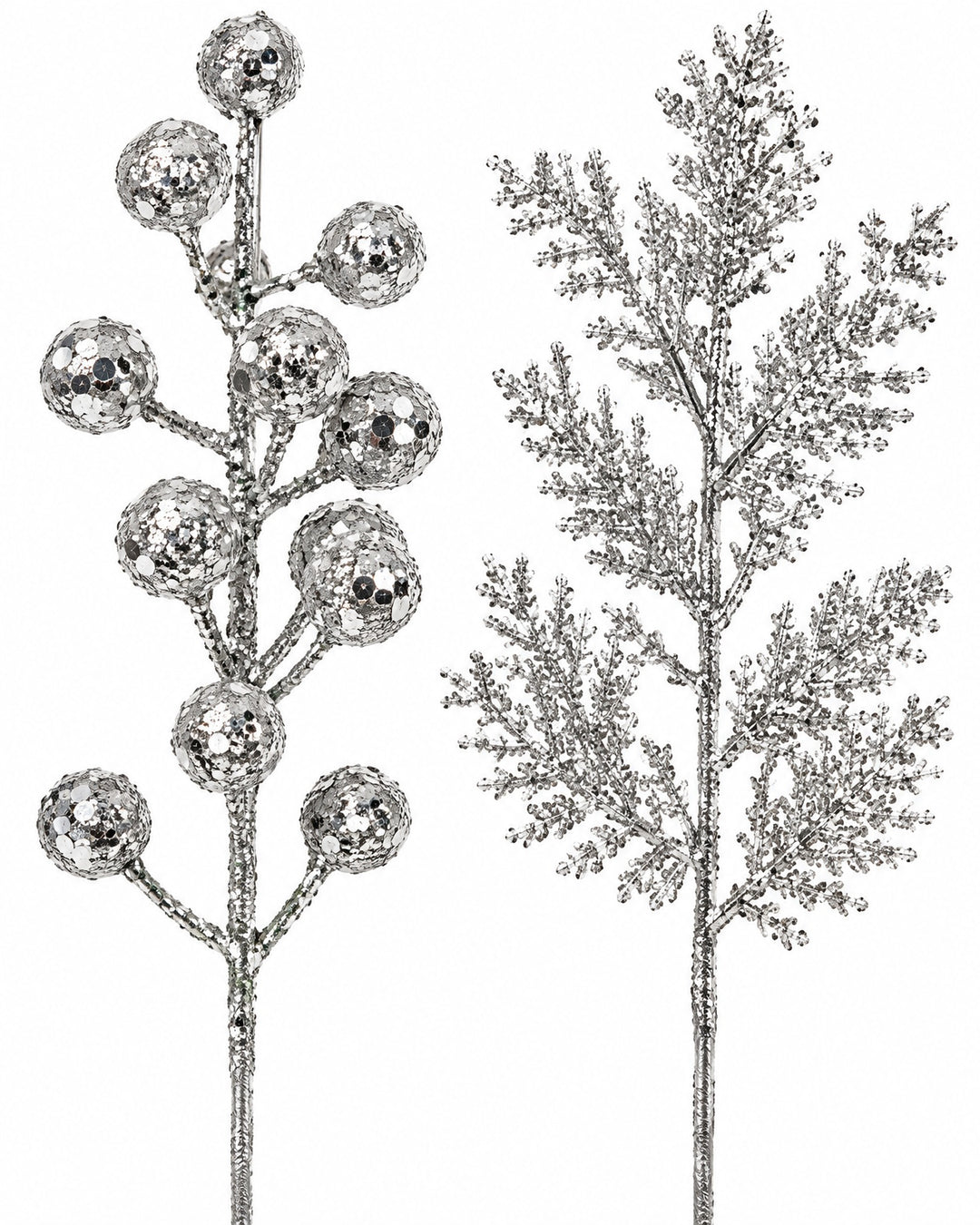 Close-up of silver glitter berries and a pine sprig