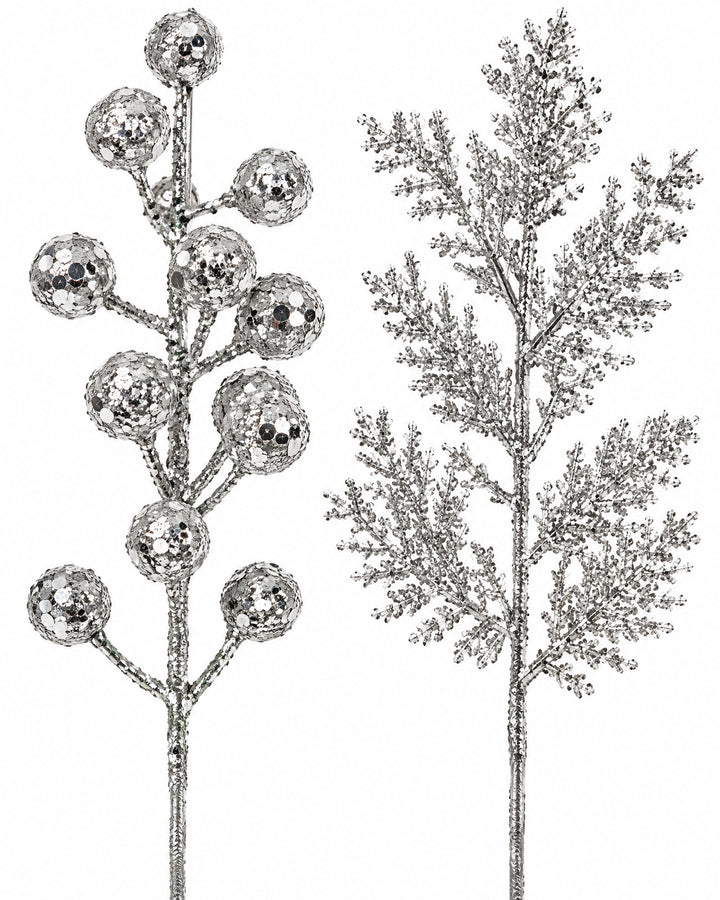 Close-up of silver glitter berries and a pine sprig