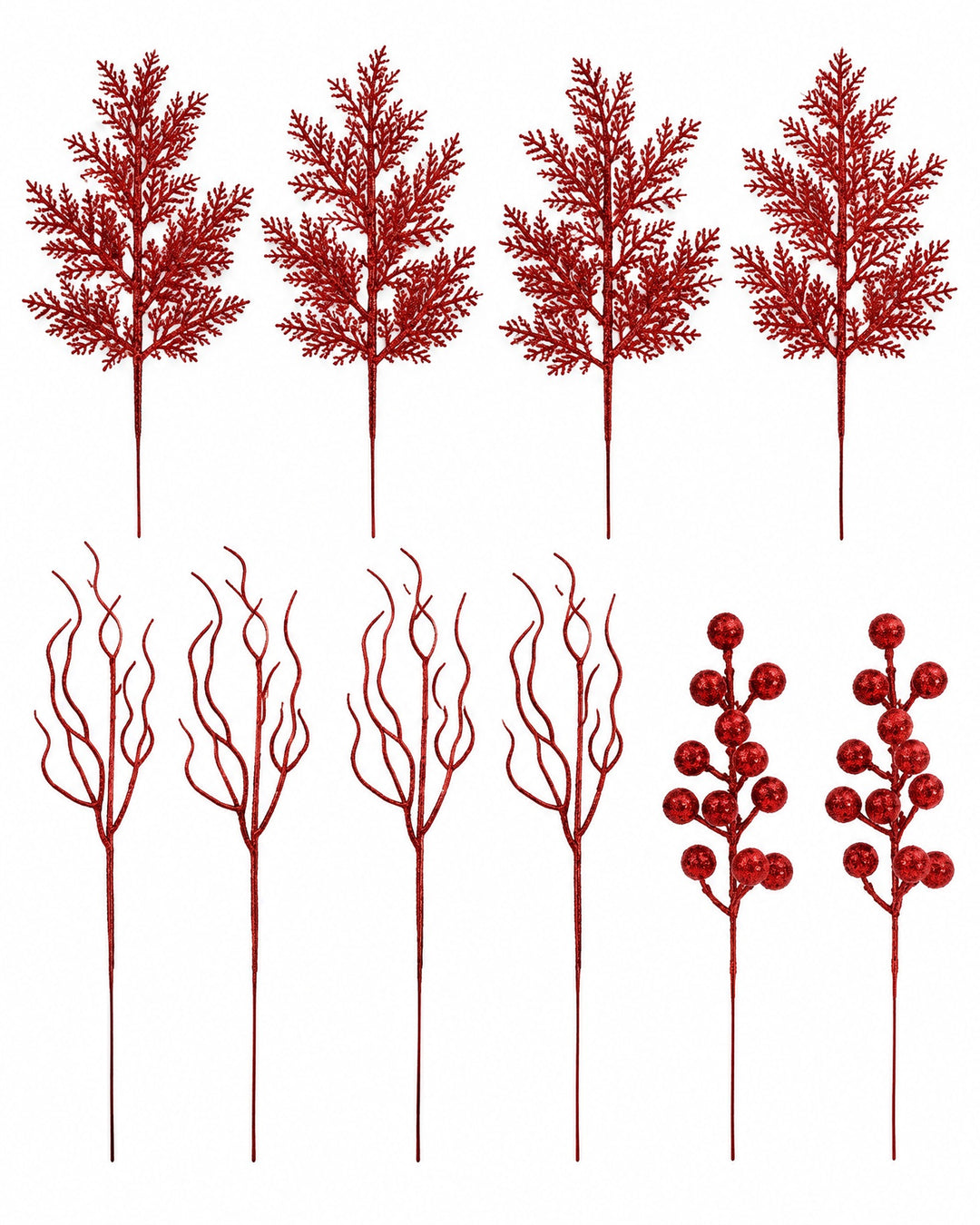 Red glitter pine, twig and berry stems laid flat, seen from above