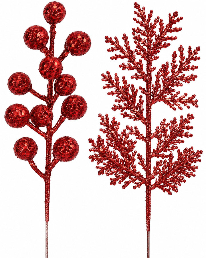 Close-up of red glitter berries and a pine sprig