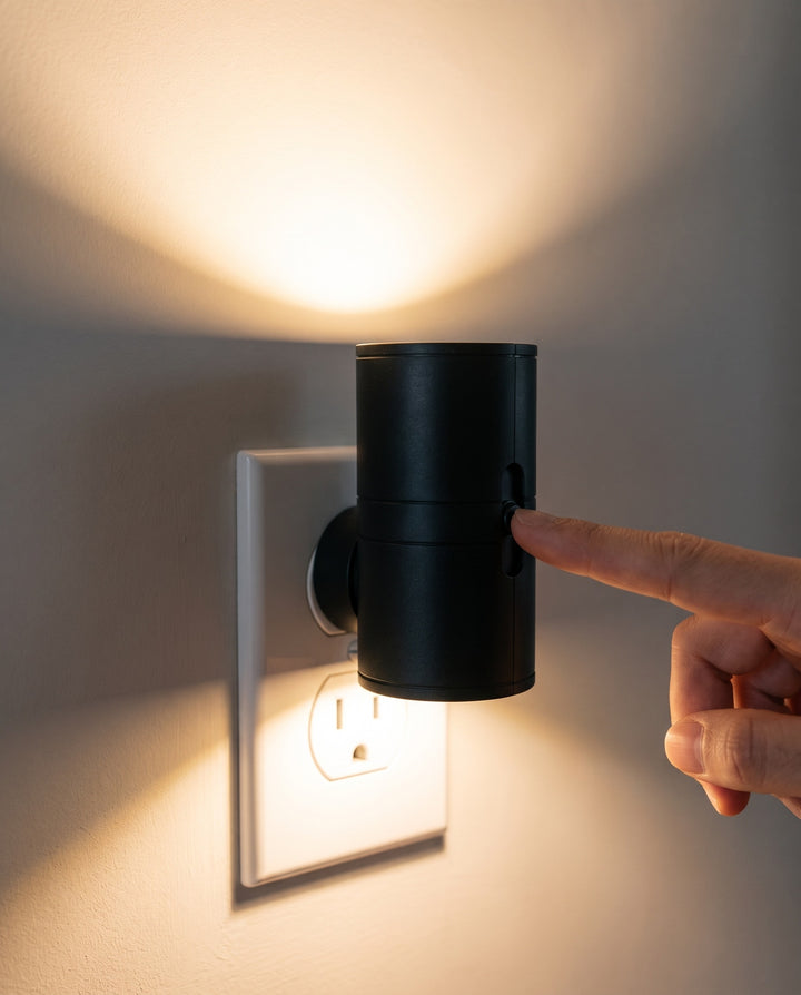 Close-up of the matte black plug-in night light glowing on a wall