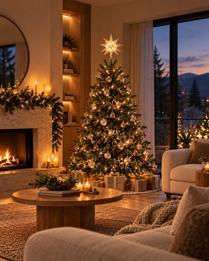 Lighted silver star topper crowning a Christmas tree in a warm living room with a fireplace