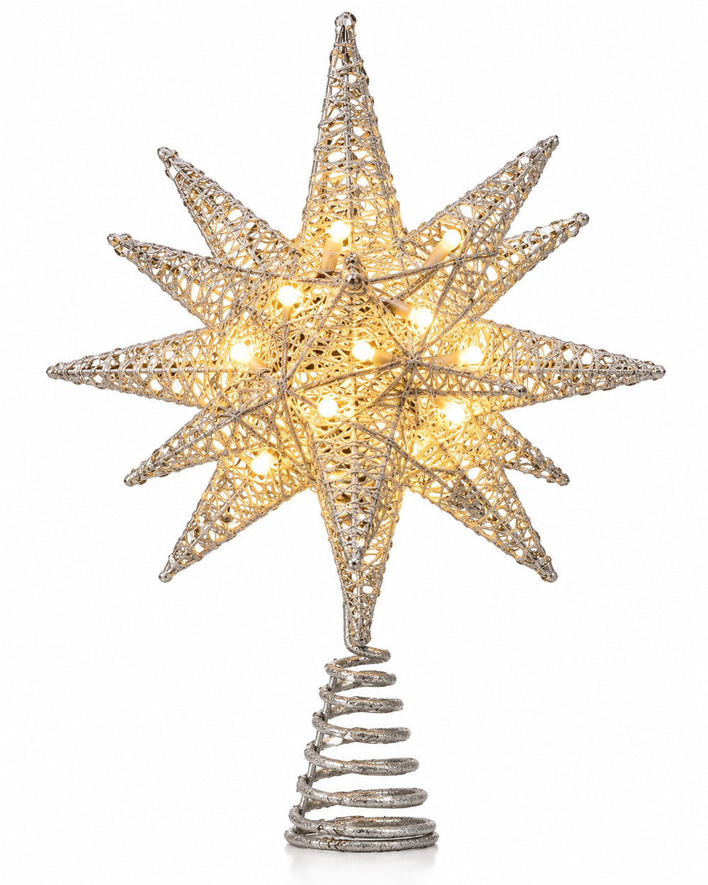 Silver glitter lighted star tree topper with spiral base on a white background